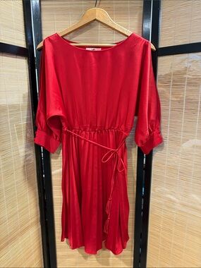 Ya Los Angeles Red Pleated Midi Dress with Waist Tie
